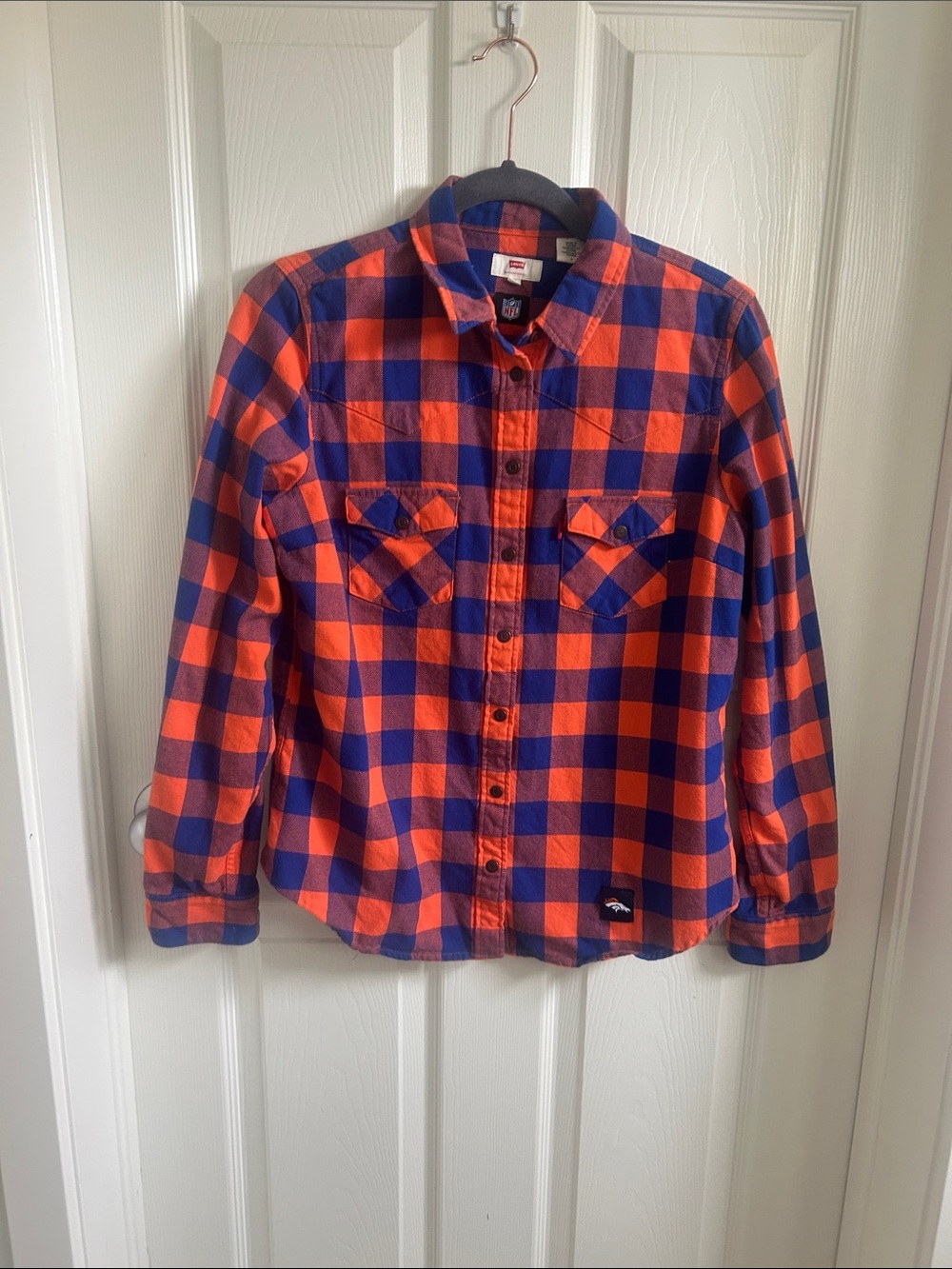 NFL Orange and Navy Plaid Flannel Shirt